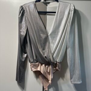 Metallic Wrap Bodysuit - Silver and Cream